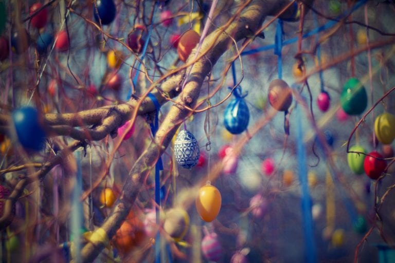 Easter eggs hanging from trees