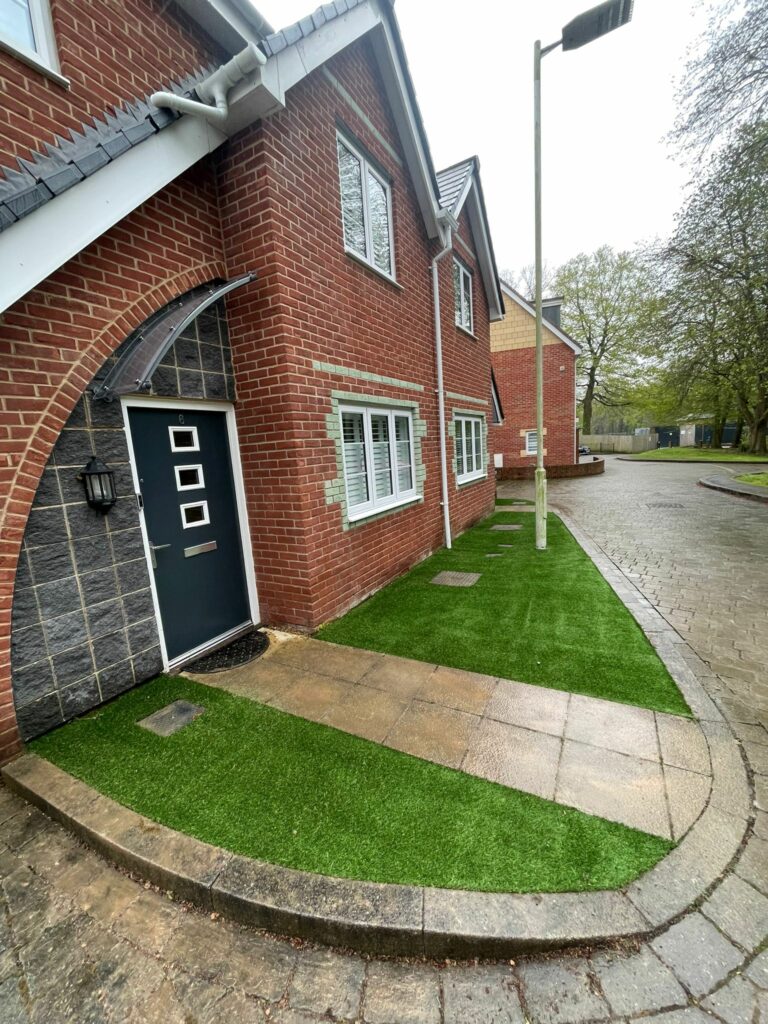 new artificial lawn outside front door