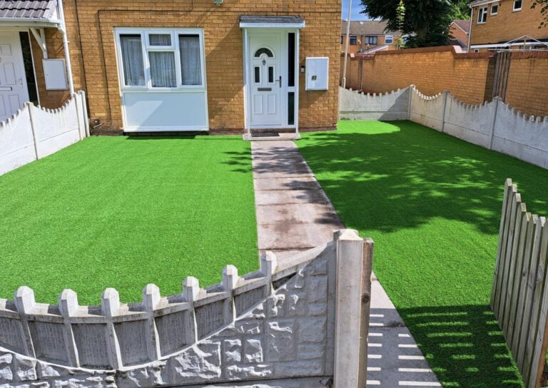 front artificial lawn with path through middle