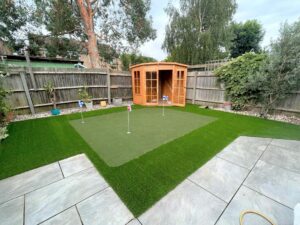 Rectangular putting green in lawn